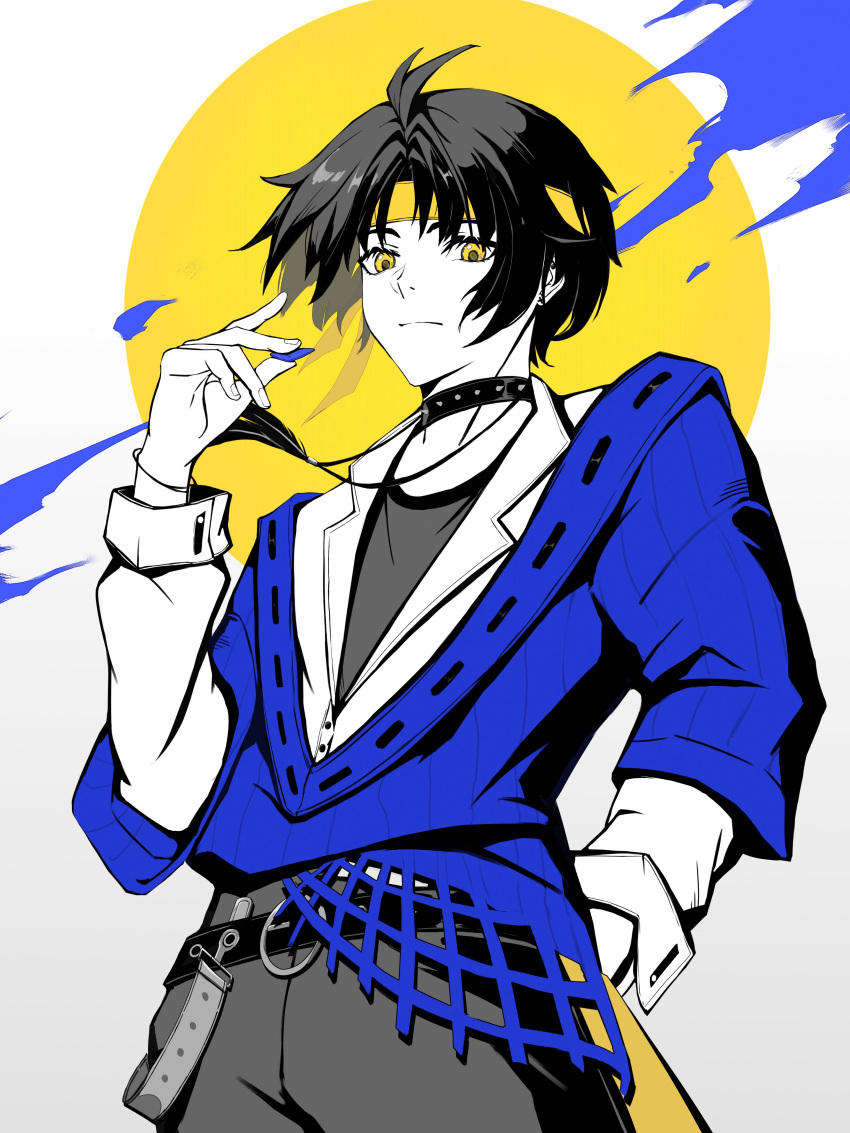 1216767974xue, 1boy, absurdres, alternate_costume, asaba_harumasa, black_hair, blue_sweater, border