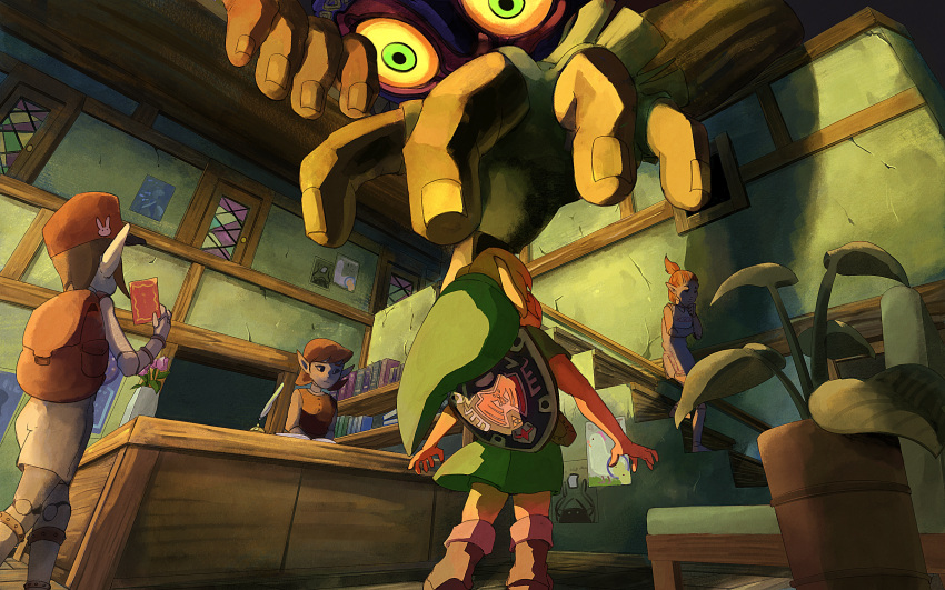 2girls, 3boys, absurdres, blonde_hair, commentary, giant, green_tunic, hat