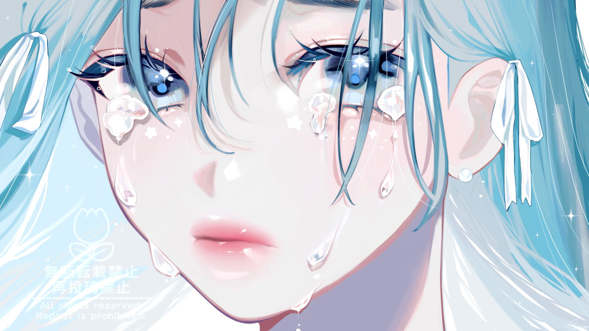 1girl, absurdres, blue_eyes, blue_hair, blue_theme, blush, crying, gem