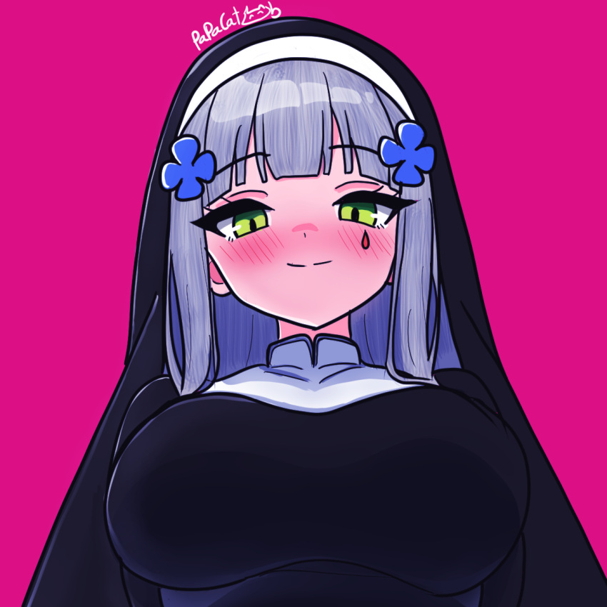 1girl, alternate_costume, black_dress, blush, breasts, cross, dress, english_commentary