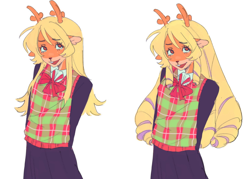 1girl, animal_ears, antlers, arms_behind_back, black_shirt, black_skirt, bow, bowtie