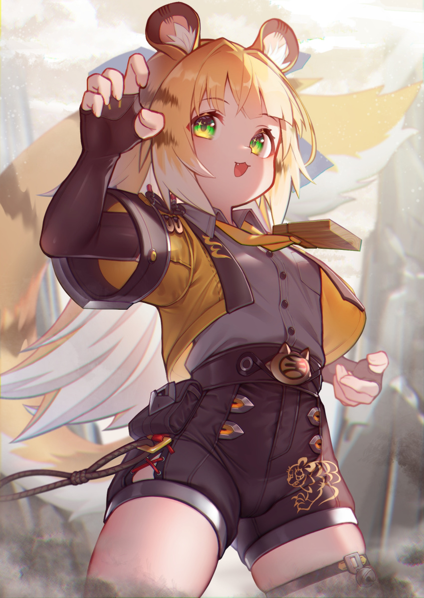 1girl, :3, :d, akuma_(st.takuma), animal_ear_fluff, animal_ears, black_shorts, blonde_hair, claw_pose, commentary, cowboy_shot, cropped_jacket, elbow_gloves, fang, fingerless_gloves, gloves, green_eyes, hand_up, highres, jacket, ju_fufu, looking_at_viewer, multicolored_hair, open_mouth, shirt, short_sleeves, shorts, smile, solo, tail, thigh_strap, tiger_ears, tiger_girl, tiger_tail, two-tone_hair, white_hair, white_shirt, yellow_jacket, zenless_zone_zero