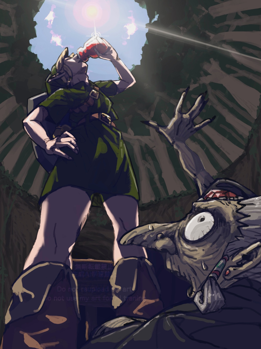 1boy, 1girl, absurdres, boots, brown_boots, bulging_eyes, d:, drinking, forehead_jewel, forest, gameplay_mechanics, green_tunic, gus_uur, highres, koume_(zelda), link, nature, old, old_woman, potion, reaching, reaching_towards_another, shield, shield_on_back, signpost, the_legend_of_zelda, the_legend_of_zelda:_majora's_mask, tunic, young_link