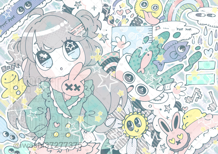 1girl, absurdres, animal_scarf, aqua_shirt, brown_hair, cup, dated_commentary, fish