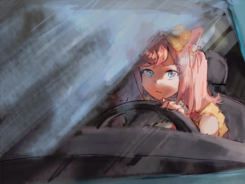 1girl, agnes_digital_(full-color_fangirling)_(umamusume), agnes_digital_(umamusume), animal_ears, blue_eyes, bow, but_you_can't_prove_it_(meme), car
