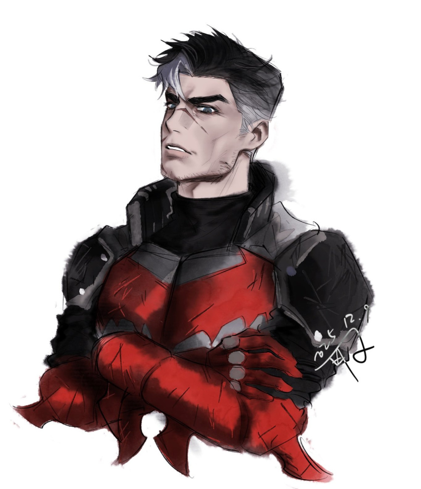 1boy, aged_up, bat_signal, batman_(series), batman_symbol, black_gloves, black_hair, blue_eyes, bodysuit, dc_comics, gloves, grey_bodysuit, highres, huaq127, jason_todd, male_focus, multicolored_bodysuit, multicolored_hair, muscular, muscular_male, red_hood_(dc), short_hair, superhero_costume, taut_bodysuit, two-tone_bodysuit