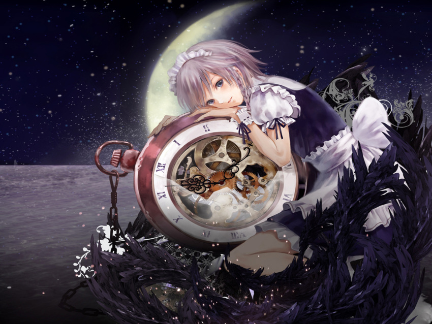 feathers, gray_eyes, izayoi_sakuya, jpeg_artifacts, maid, moon, night, touhou