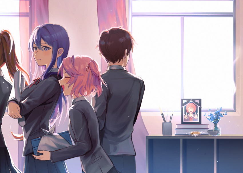 1boy, 3girls, bag, black_skirt, blazer, blue_flower, blush, book