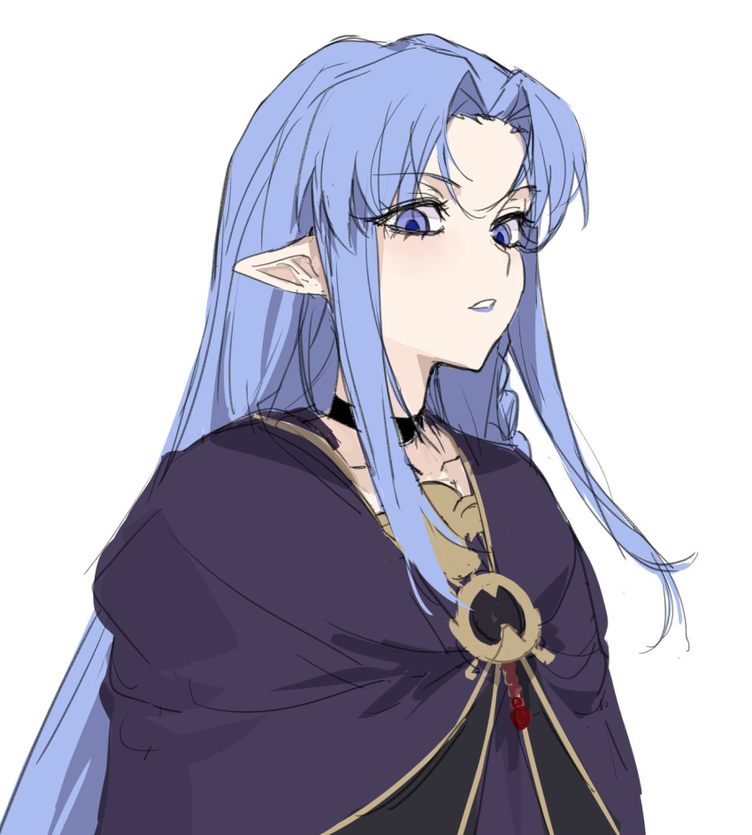 1girl, black_choker, blue_eyes, blue_hair, braid, cape, choker, collarbone