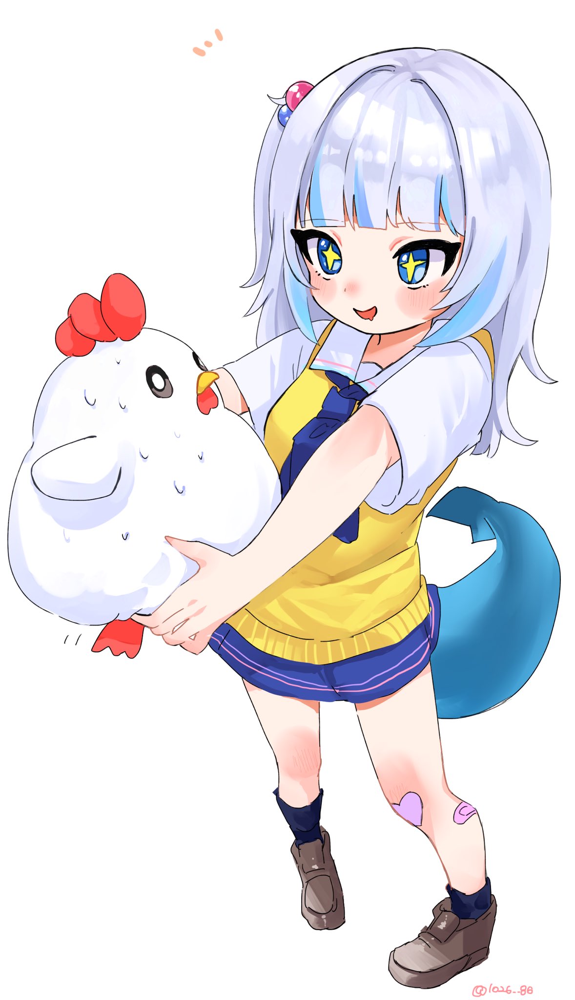 1girl, animal, bandaid, bandaid_on_leg, bird, black_socks, blue_eyes, blue_neckerchief