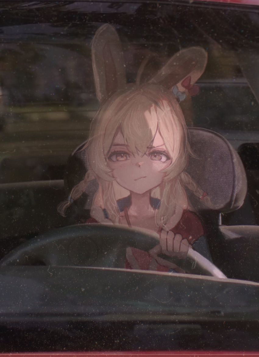 1girl, absurdres, bow, but_you_can't_prove_it_(meme), car, commentary, dexter_(tv_series), ear_bow