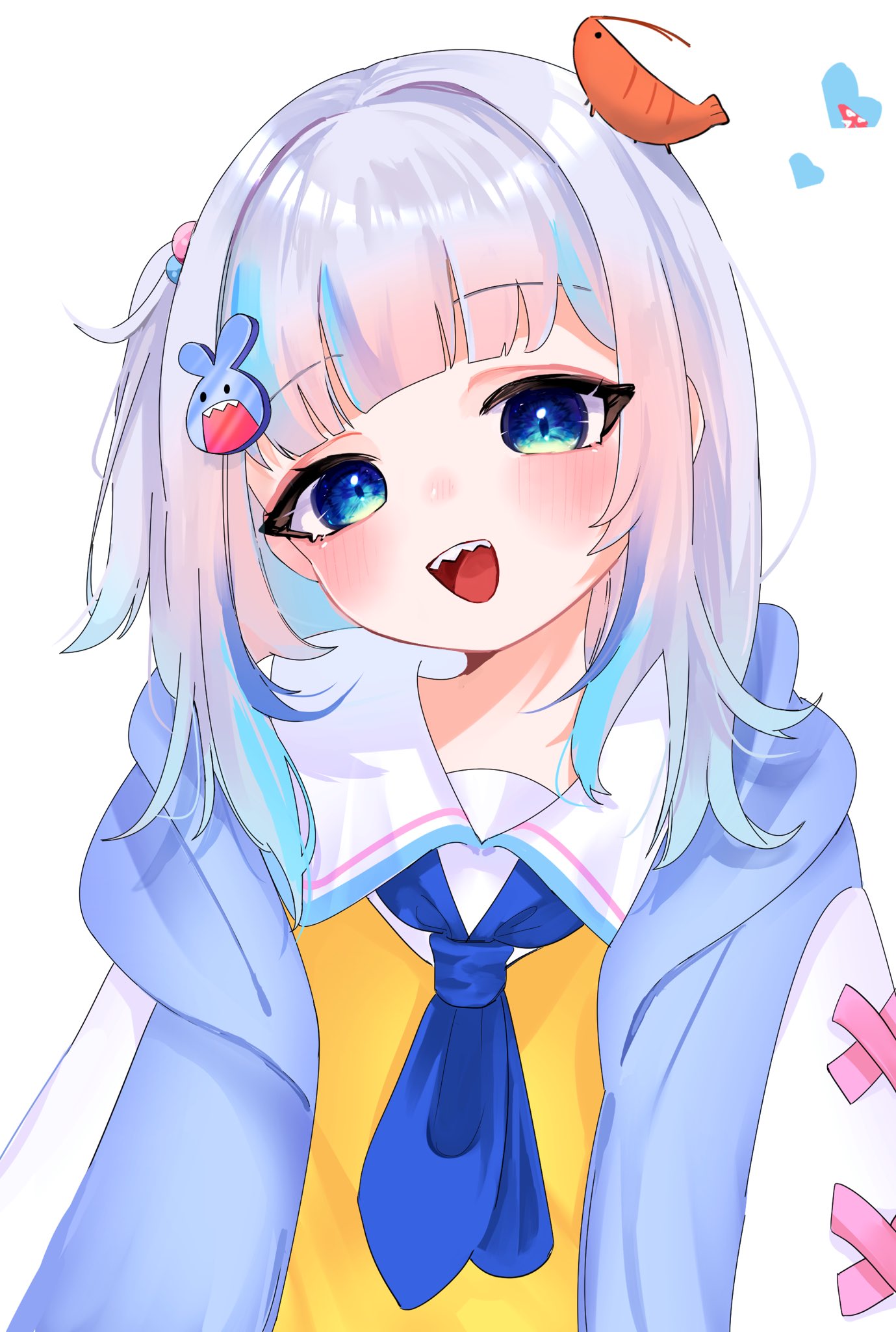 1girl, blue_eyes, blue_jacket, blue_neckerchief, blush, commentary_request, gawr_gura, grey_hair