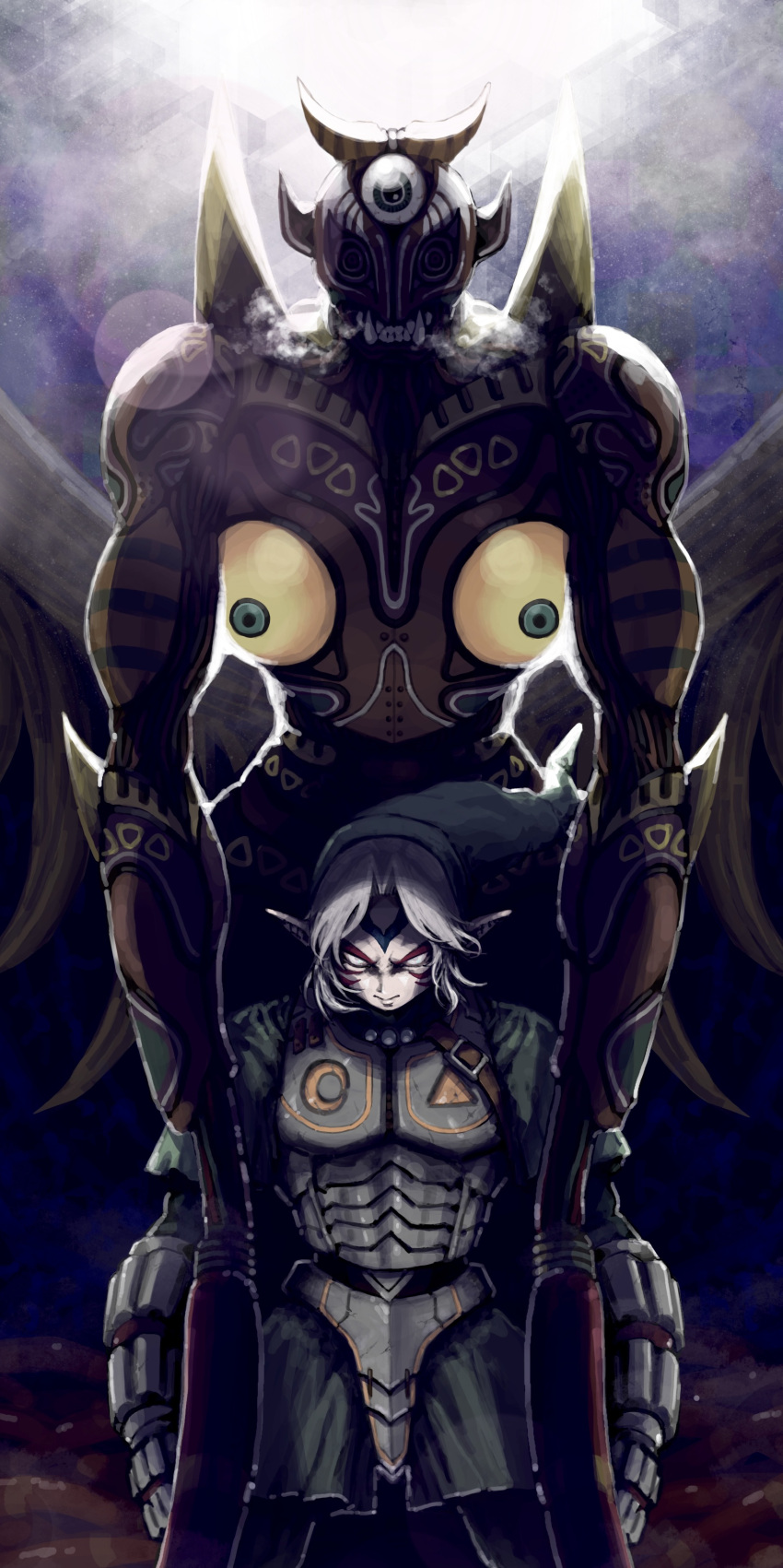 1boy, absurdres, armor, breastplate, breath, facepaint, fierce_deity, giant