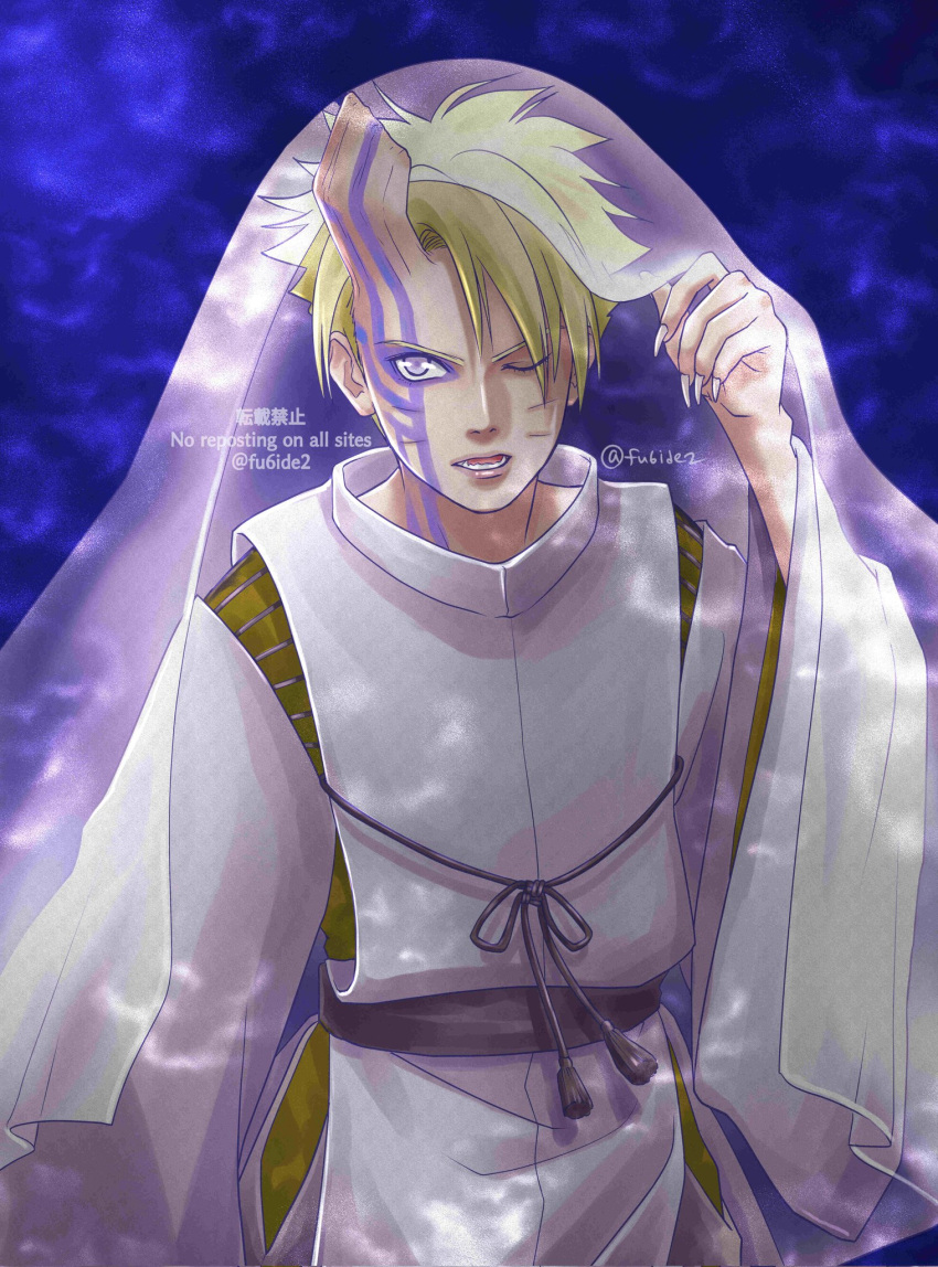 1boy, bilingual_commentary, blonde_hair, boruto:_naruto_next_generations, chinese_commentary, cosplay, english_commentary, facial_mark
