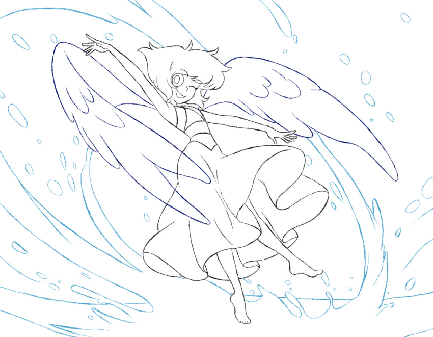 1girl, barefoot, commentary, crop_top, full_body, gem_(steven_universe), lapis_lazuli_(steven_universe), lineart, long_skirt, midriff, one_eye_closed, open_mouth, outstretched_arms, rb-gs, shirt, short_hair, simple_background, skirt, sleeveless, sleeveless_shirt, smile, solo, splashing, spread_arms, steven_universe, water, water_drop, white_background, wings
