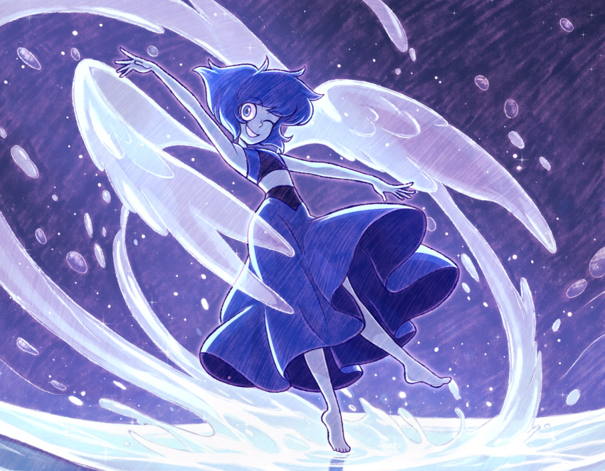 1girl, barefoot, blue_eyes, blue_hair, blue_shirt, blue_skin, blue_skirt, colored_skin