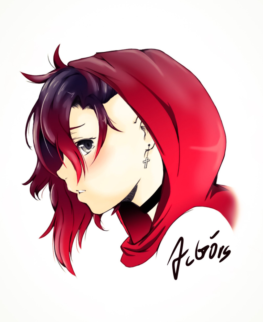 1girl, 1other, alex_goers, alternate_hairstyle, asymmetrical_hair, black_choker, black_hair, blush, choker, commentary, cross, cross_earrings, earrings, english_commentary, eyelashes, from_side, gradient_hair, grey_eyes, highres, hood, hood_up, jewelry, medium_hair, multicolored_hair, red_hair, ruby_rose, rwby, sidecut, signature, simple_background, solo, undercut, white_background
