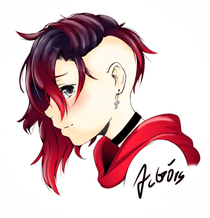 1girl, 1other, alex_goers, alternate_hairstyle, asymmetrical_hair, black_choker, black_hair, blush, choker, closed_mouth, commentary, cross, cross_earrings, earrings, english_commentary, eyelashes, from_side, gradient_hair, grey_eyes, highres, hood, hood_down, jewelry, medium_hair, multicolored_hair, red_hair, ruby_rose, rwby, sidecut, signature, simple_background, smile, solo, undercut, white_background