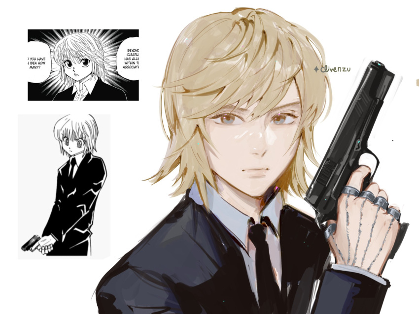 1boy, artist_name, black_jacket, black_necktie, blonde_hair, brown_eyes, chain, clivenzu