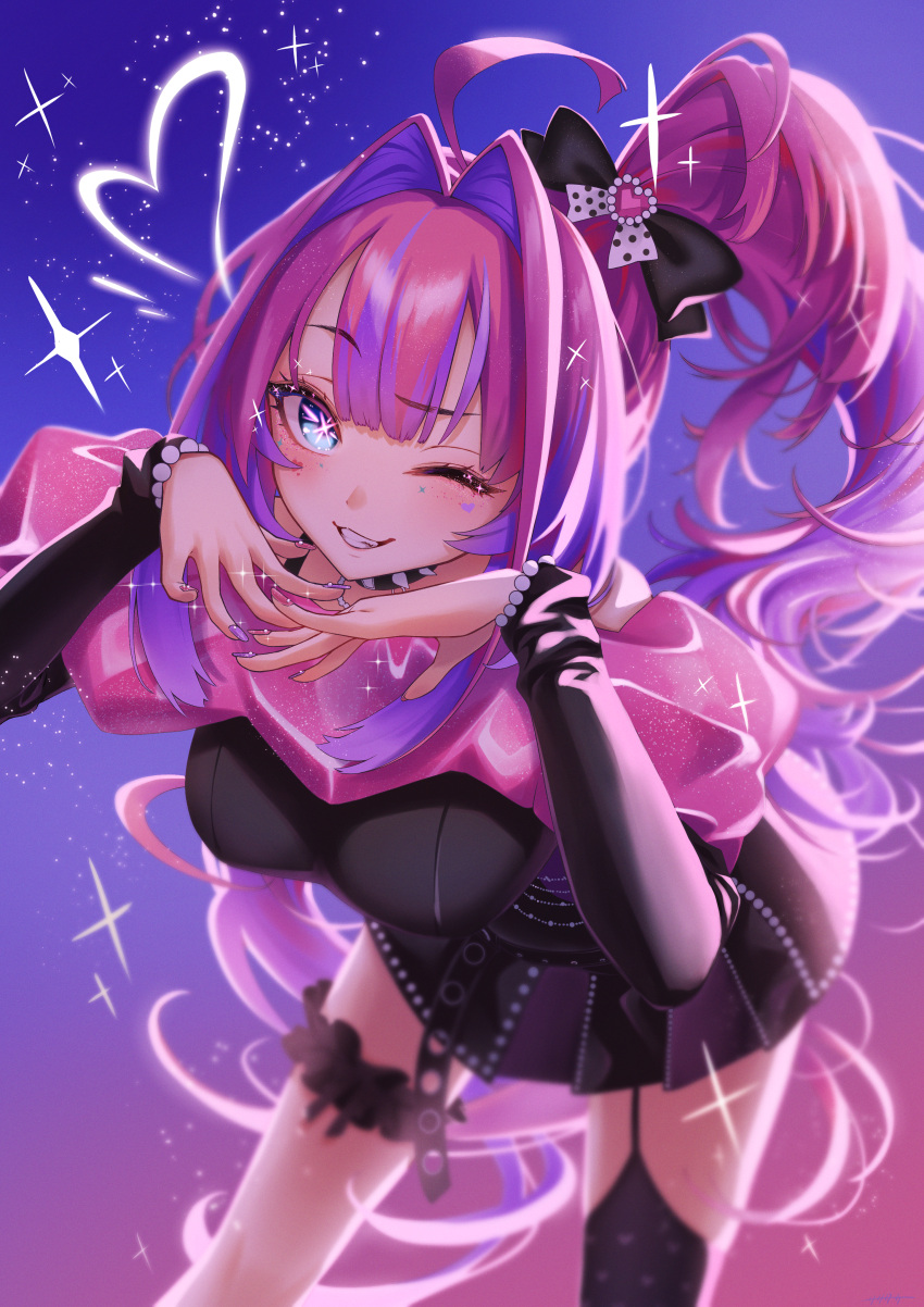 1girl, absurdres, ahoge, black_bow, black_collar, black_dress, black_thighhighs, blush