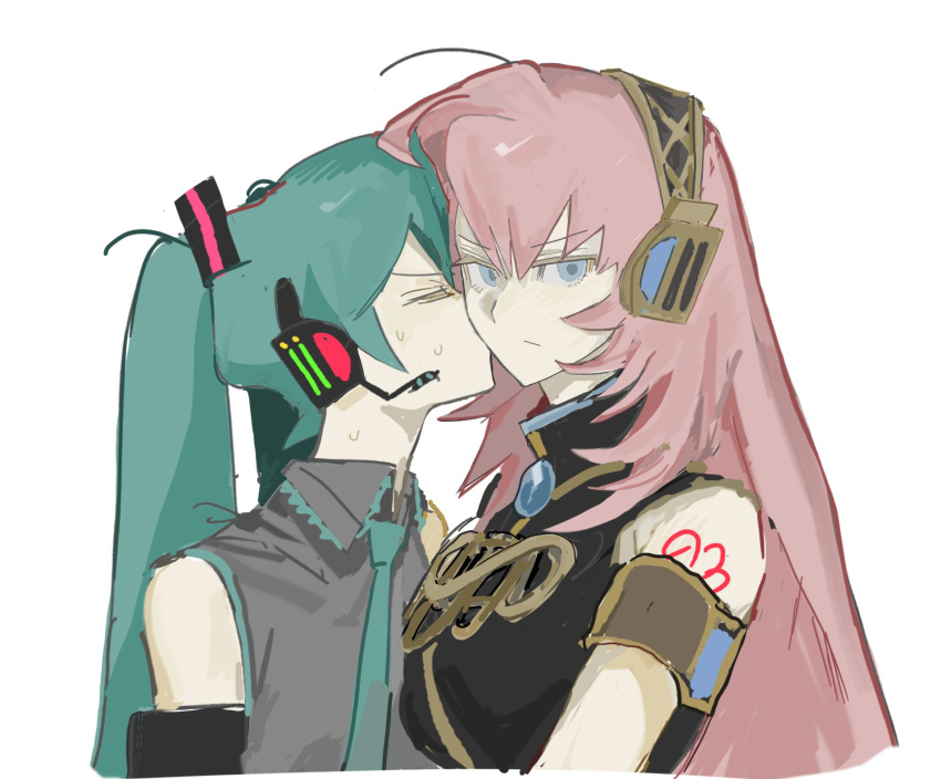 2girls, arm_tattoo, baejaan0, blue_eyes, blue_hair, commentary, detached_sleeves, hatsune_miku, headset, highres, kiss, kissing_cheek, looking_at_viewer, megurine_luka, multiple_girls, necktie, pink_hair, symbol-only_commentary, tattoo, twintails, upper_body, vocaloid, white_background, yuri