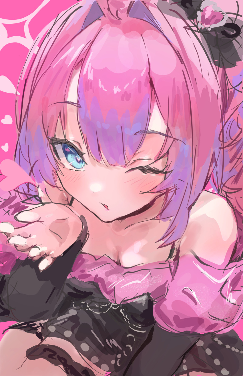 absurdres, ahoge, black_bow, black_dress, blowing_kiss, blue_eyes, blush, bow