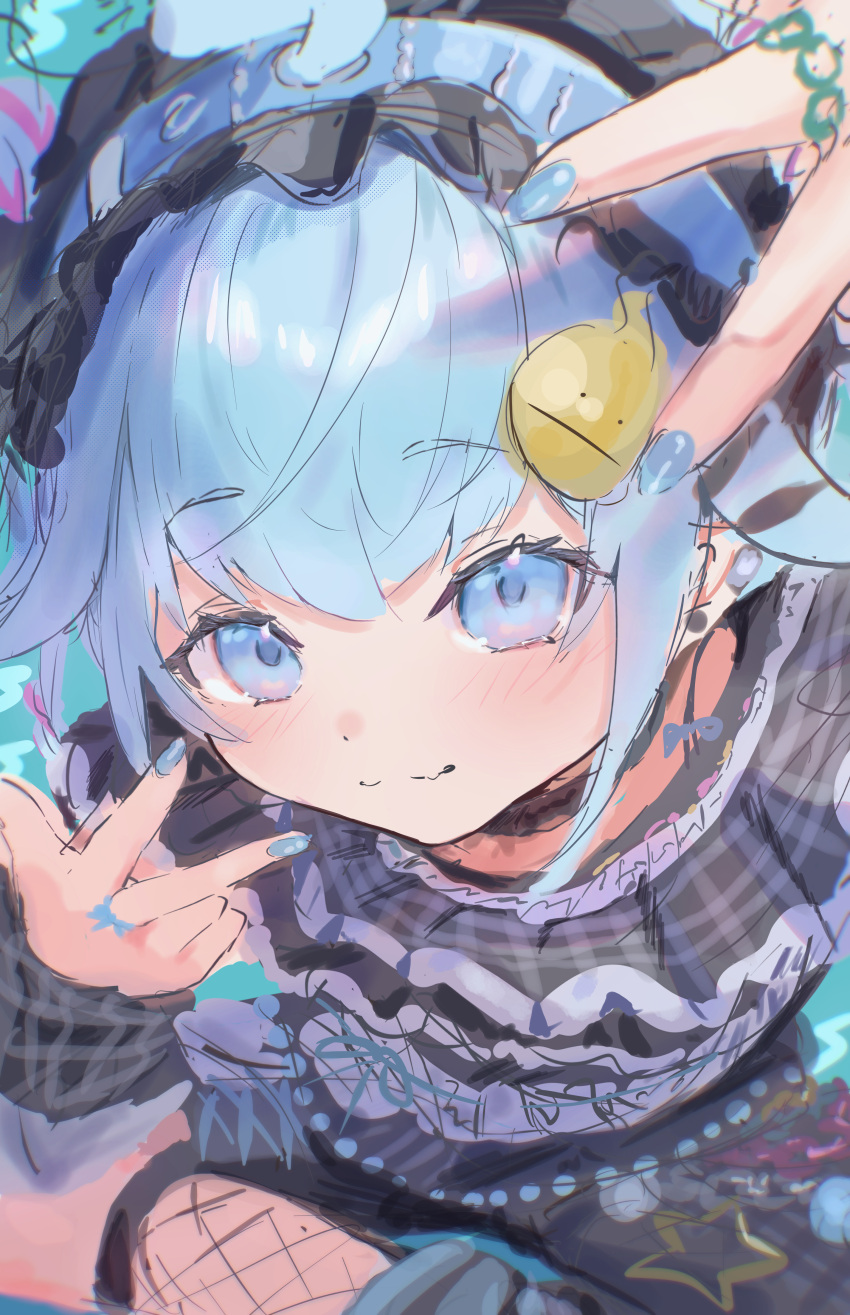1girl, absurdres, black_choker, blue_eyes, blue_hair, blue_nails, choker, closed_mouth