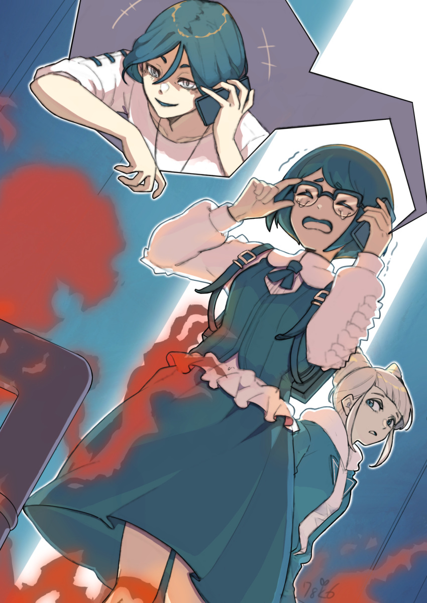1boy, 2girls, backpack, bag, blonde_hair, blue_bag, blue_skirt, blue_vest, collarbone, drill_hair, fukurai_azami, glasses, hair_between_eyes, hands_up, highres, holding, holding_phone, jasmine_(toshi_densetsu_kaitai_center), long_sleeves, meguriya_ayumu, multiple_girls, naekam, open_mouth, phone, puffy_long_sleeves, puffy_sleeves, shirt, short_hair, skirt, smile, standing, tongue, toshi_densetsu_kaitai_center, vest, white_shirt