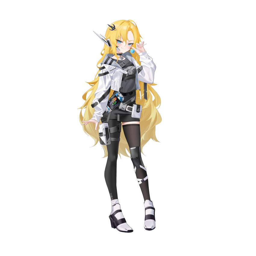 1girl, absurdres, alternate_costume, belt, blonde_hair, blue_eyes, breasts, candy