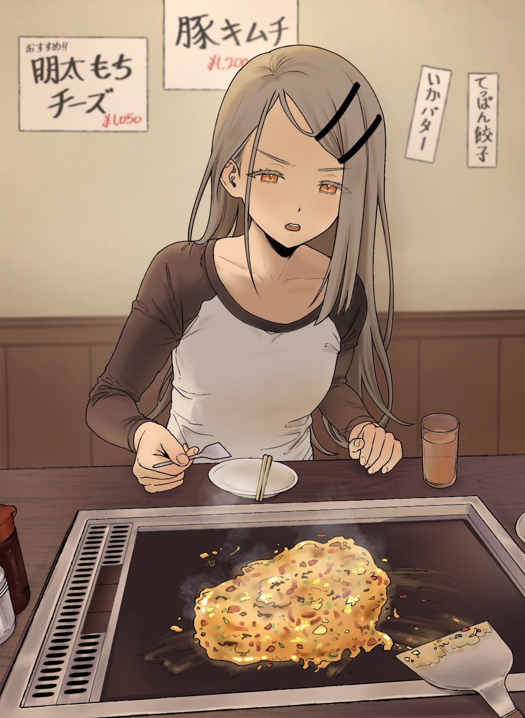1girl, black_shirt, breasts, chopsticks, collarbone, commentary_request, cooking, cup, drinking_glass, food, gakuen_idolmaster, grey_hair, griddle, hair_ornament, hairclip, hand_on_table, highres, holding, holding_spatula, idolmaster, imaninjaguy, indoors, korean_commentary, long_hair, long_sleeves, looking_down, okonomiyaki, open_mouth, orange_eyes, parallel_hairclips, parted_bangs, plate, pov_across_table, salt_shaker, shinosawa_hiro, shirt, sitting, small_breasts, solo, soy_sauce_bottle, spatula, table, textless_version, translation_request, two-tone_shirt, upper_body, white_shirt