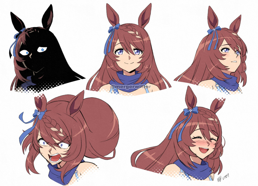 1girl, animal_ears, bare_shoulders, blue_bow, blue_eyes, blue_scarf, blush, bow, braid, brown_hair, closed_eyes, closed_mouth, dress, ear_bow, ear_ribbon, hair_between_eyes, highres, horse_ears, horse_girl, long_hair, looking_at_viewer, mergeritter, multicolored_hair, multiple_expressions, open_mouth, portrait, scarf, shaded_face, simple_background, smile, streaked_hair, super_creek_(murmuring_stream)_(umamusume), super_creek_(umamusume), teeth, umamusume, umamusume:_cinderella_gray, very_long_hair, white_background, white_hair