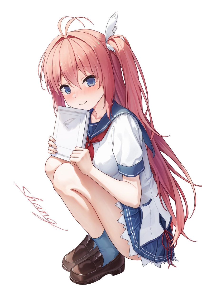1girl, absurdres, antenna_hair, ao_no_kanata_no_four_rhythm, artist_name, blue_eyes, blue_sailor_collar, blue_skirt