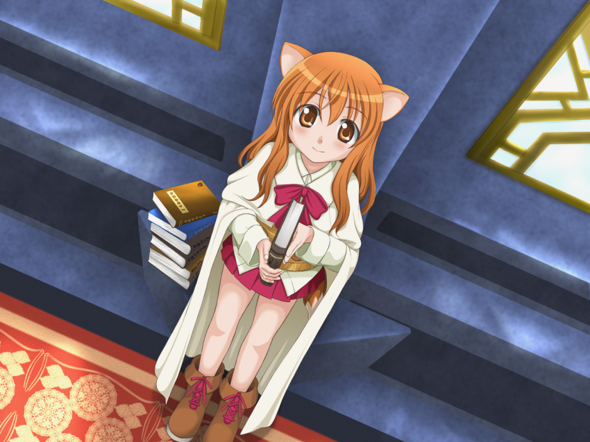 book, boots, bow, brown_eyes, brown_hair, cape, dog_days, dog_ears