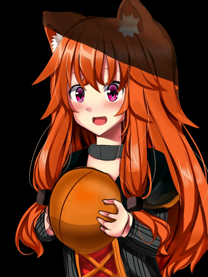 1girl, :d, animal_ear_fluff, animal_ears, bad_anatomy, bad_hands, ball, black_background, black_dress, blush, child, collar, commentary, dress, english_commentary, eyebrows_hidden_by_hair, eyelashes, grey_dress, hair_between_eyes, hair_tubes, holding, holding_ball, jineko_nyaan, layered_dress, long_hair, long_sleeves, looking_ahead, messy_hair, metal_collar, open_mouth, orange_hair, pink_eyes, raccoon_ears, raccoon_girl, raised_eyebrows, raphtalia, raphtalia_(young), red_dress, short_sleeves, simple_background, sketch, smile, solo, tate_no_yuusha_no_nariagari, tongue, two-tone_dress, upper_body