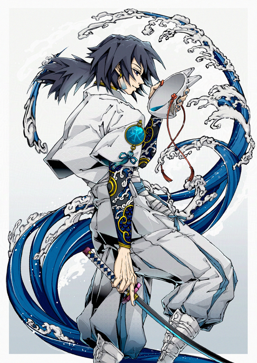 1boy, alternate_costume, black_hair, black_jacket, closed_mouth, fox_mask, highres, holding