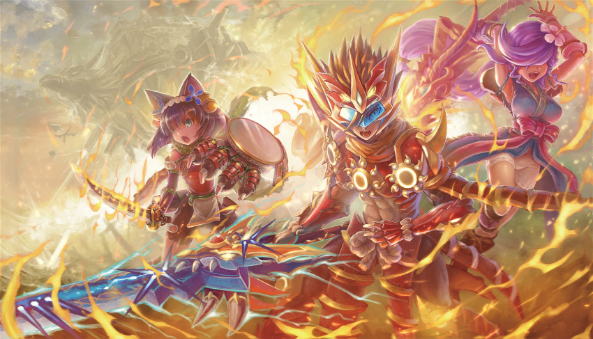 1boy, 2girls, animal_ears, armor, assault_visor, black_hair, blue_eyes, blue_visor