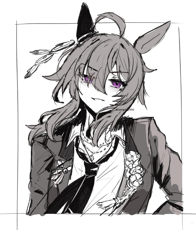 1girl, :d, ahoge, animal_ears, collared_shirt, ear_covers, feathers, greyscale