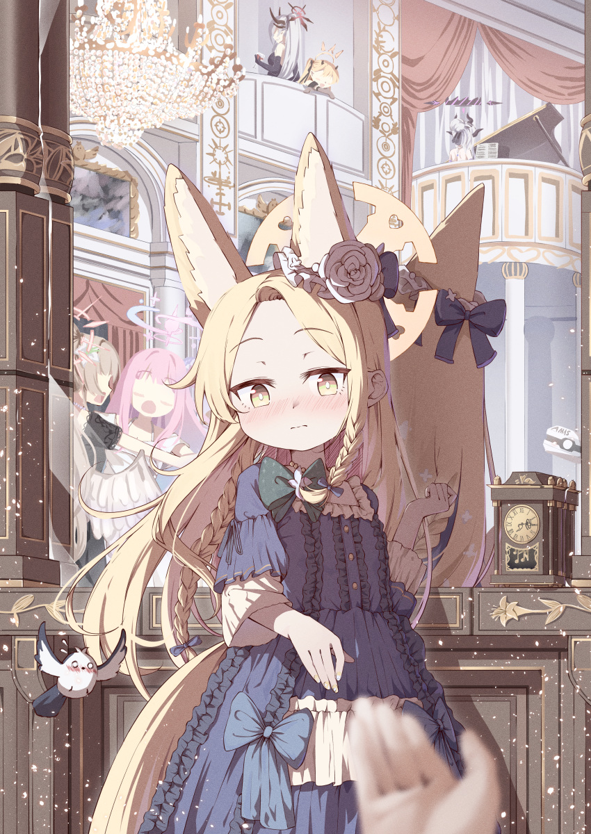6+girls, absurdres, alternate_costume, animal_ears, black_bow, black_dress, blonde_hair, blue_archive