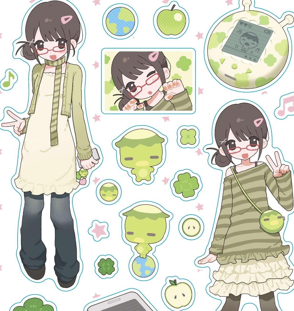 1girl, apple, brown_hair, cardigan, cellphone, cellphone_charm, charm_(object), clover, commentary_request, crossbody_bag, denim, dress, earth_(planet), fashion, food, frilled_skirt, frills, fruit, glasses, green_cardigan, green_scarf, green_sweater, hair_bun, hair_ornament, hairclip, heisei_retro, highres, holding, holding_phone, jeans, kappa, korean_commentary, long_sleeves, looking_at_viewer, multiple_views, open_cardigan, open_clothes, original, pants, phone, planet, red-framed_eyewear, scarf, selfie, single_side_bun, skirt, smartphone, striped_clothes, striped_scarf, sweater, toganeki, v, virtual_pet_(toy), white_dress, white_skirt