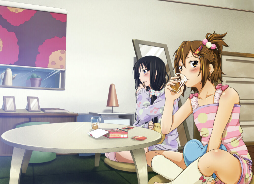 akiyama_mio, alternate_hairstyle, black_hair, blush, brown_eyes, brown_hair, cactus, casual, drink, drinking, drinking_glass, eating, food, glass, hair_ornament, hairclip, heart, heart_pillow, indian_style, k-on!, lamp, long_hair, mirror, multiple_girls, myng, pillow, pillow_hug, short_hair, side_ponytail, sitting, sleeves_past_wrists, table, tainaka_ritsu, tank_top, teapot