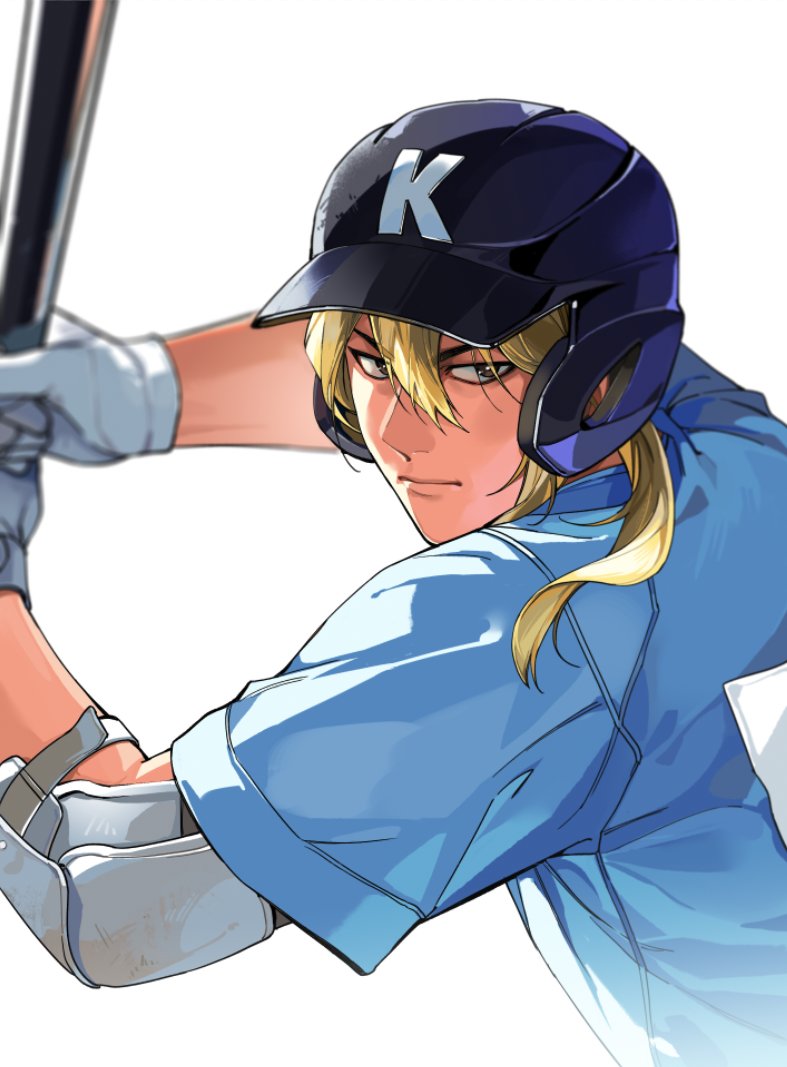 1boy, 999993nine, baseball_bat, baseball_helmet, baseball_uniform, blonde_hair, boukyaku_battery, closed_mouth