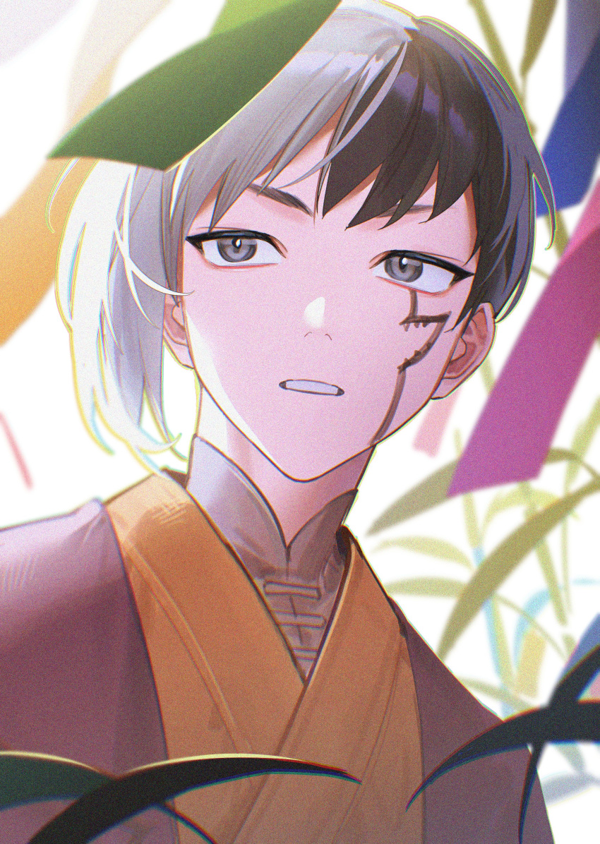 1boy, absurdres, asagiri_gen, black_hair, commentary, dr._stone, grey_eyes, highres