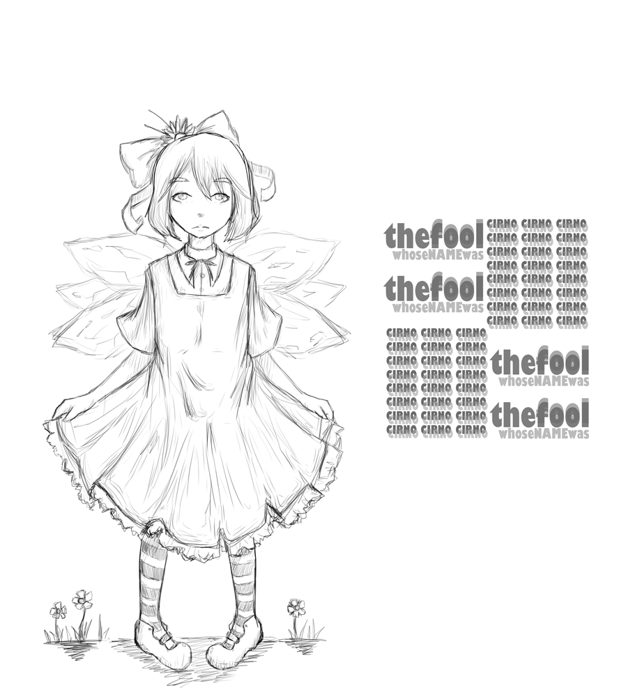 cirno, dress, flower, mary_janes, pigeon_toed, ribbon, serious, shoes