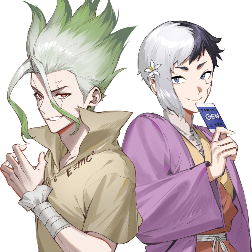 2boys, asagiri_gen, asymmetrical_hair, black_hair, blue_eyes, brown_shirt, cracked_skin, dr._stone