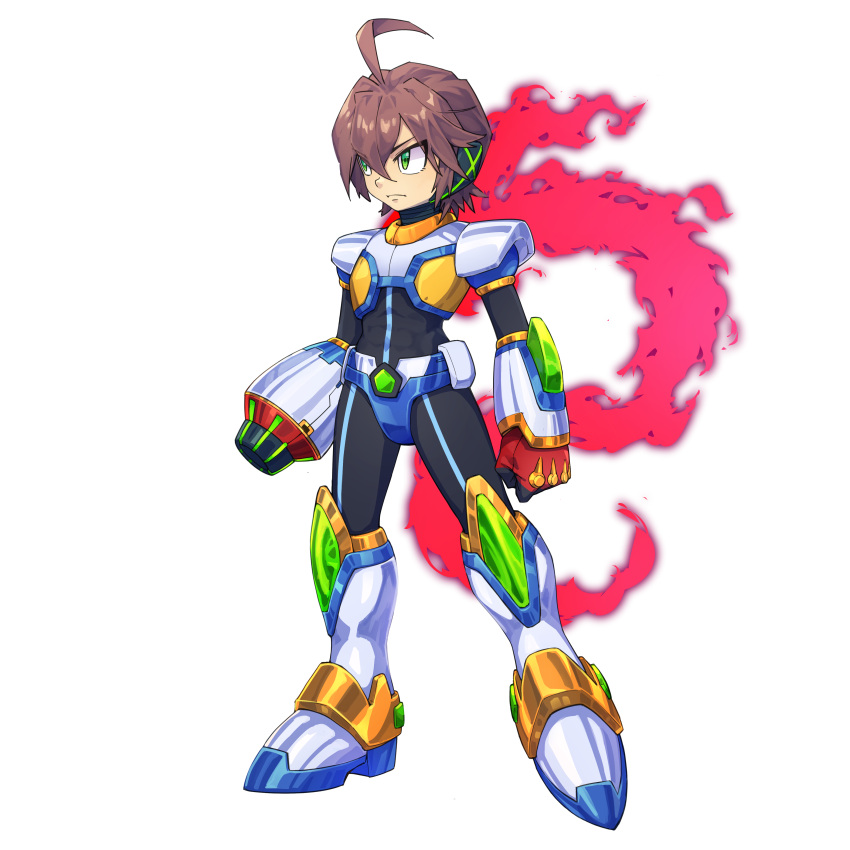 1boy, absurdres, ahoge, alternate_color, alternate_costume, arm_cannon, armor, armored_boots