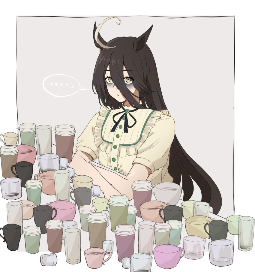 ..., 1girl, :/, absurdres, ahoge, animal_ears, bags_under_eyes, black_hair