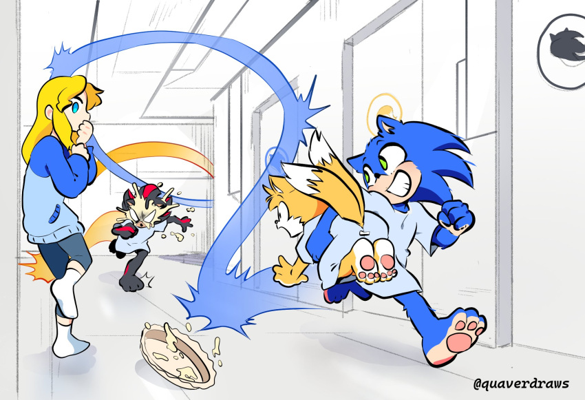 1girl, 3boys, alternate_universe, angry, barefoot, black_fur, blank_eyes, blonde_hair