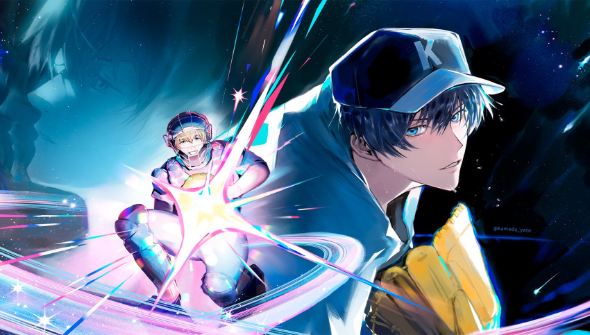 2boys, baseball, baseball_cap, baseball_helmet, baseball_uniform, blonde_hair, blue_eyes, boukyaku_battery