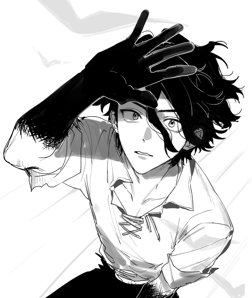 1boy, collarbone, colored_extremities, dr._stone, from_above, greyscale, hair_between_eyes, hashtag-only_commentary