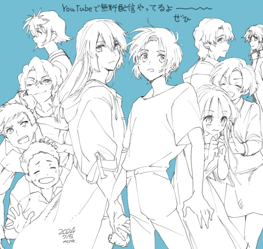 5boys, 5girls, blue_background, canon_memphis, dated, dress, greyscale_with_colored_background, hazama_shouko